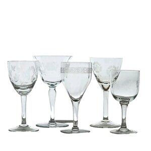5 Mismatched Vintage Cocktail Glasses Etched Floral mixed aperitif 0560